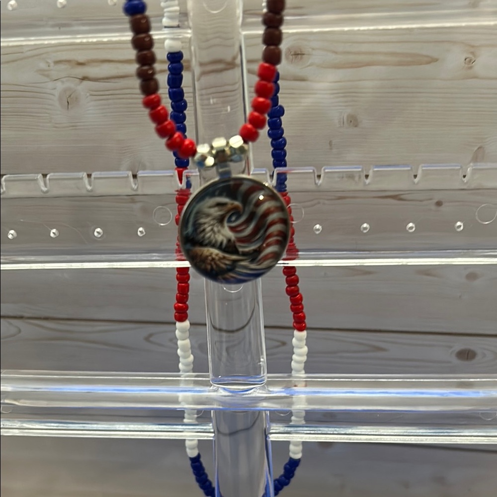 Red and White Beaded Jewelry Necklace with Circular Pendant. 22” necklace